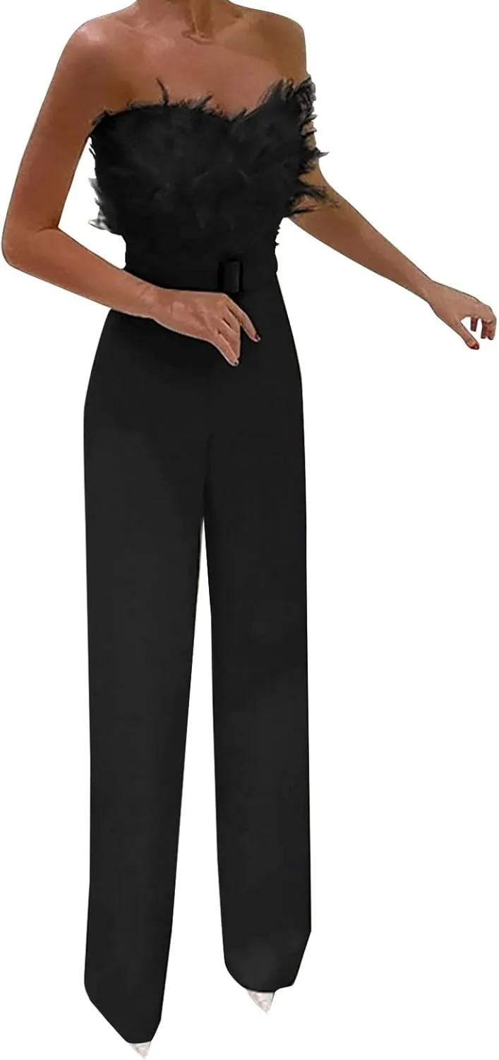 Women Strapless Jumpsuits Feather High Waist Rompers Sexy Dressy Playsuit Slim Fit Wide Leg Jumpsuit One-Piece Set