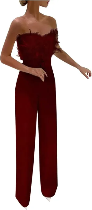 Women Strapless Jumpsuits Feather High Waist Rompers Sexy Dressy Playsuit Slim Fit Wide Leg Jumpsuit One-Piece Set