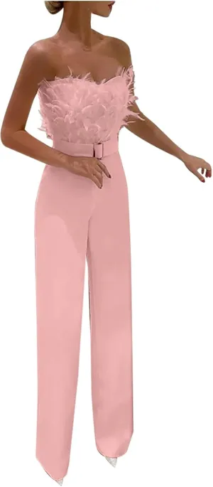 Women Strapless Jumpsuits Feather High Waist Rompers Sexy Dressy Playsuit Slim Fit Wide Leg Jumpsuit One-Piece Set