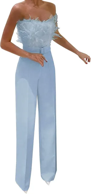 Women Strapless Jumpsuits Feather High Waist Rompers Sexy Dressy Playsuit Slim Fit Wide Leg Jumpsuit One-Piece Set