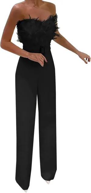 Women Strapless Jumpsuits Feather High Waist Rompers Sexy Dressy Playsuit Slim Fit Wide Leg Jumpsuit One-Piece Set