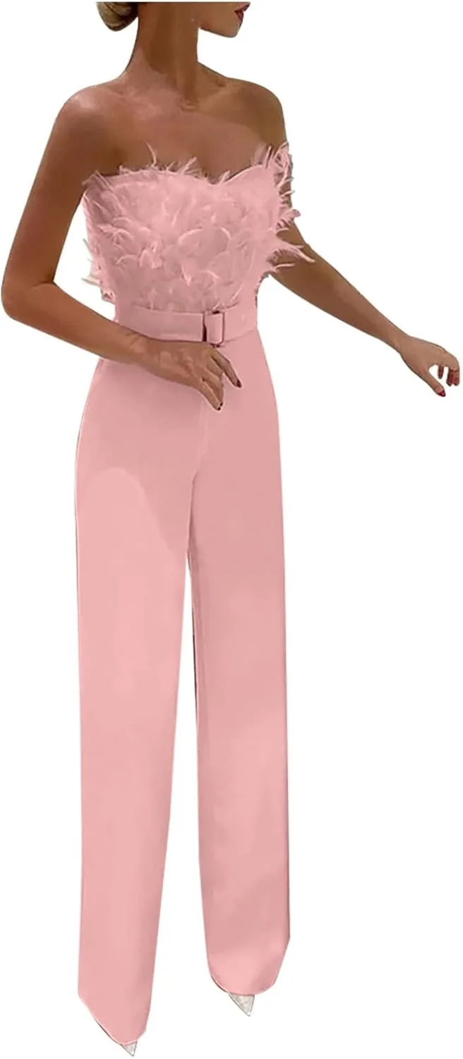 Women Strapless Jumpsuits Feather High Waist Rompers Sexy Dressy Playsuit Slim Fit Wide Leg Jumpsuit One-Piece Set