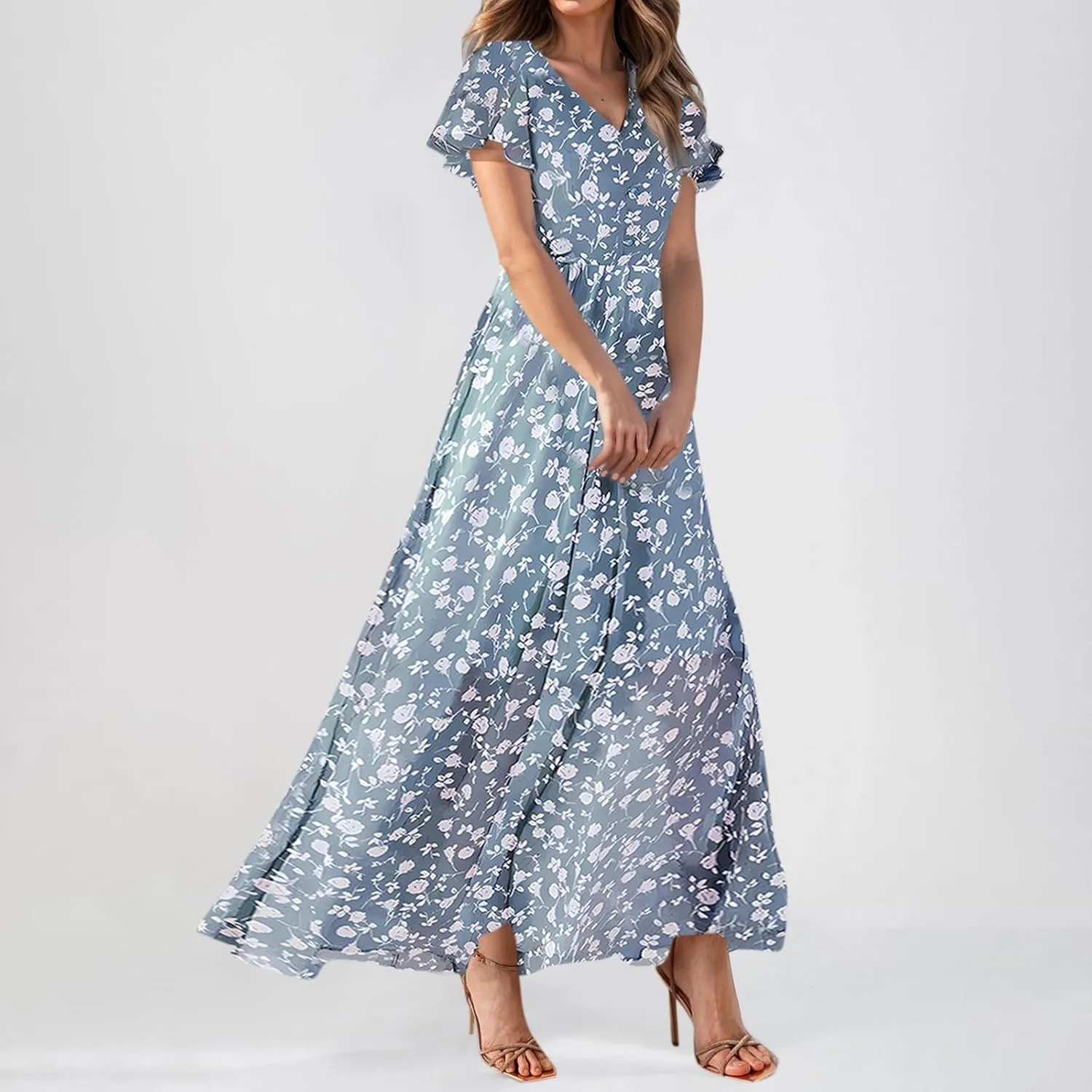 Women Summer Bohemian Floral Casual Wrap V Neck Ruffle Cap Sleeveless Belt A-Line Pleated Hem Long Sundress