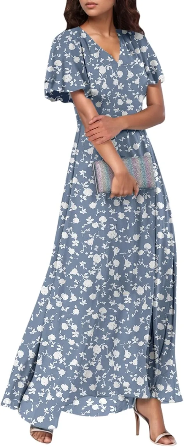 Women Summer Bohemian Floral Casual Wrap V Neck Ruffle Cap Sleeveless Belt A-Line Pleated Hem Long Sundress
