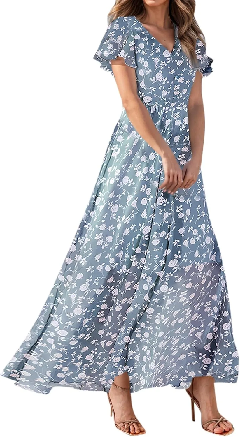 Women Summer Bohemian Floral Casual Wrap V Neck Ruffle Cap Sleeveless Belt A-Line Pleated Hem Long Sundress