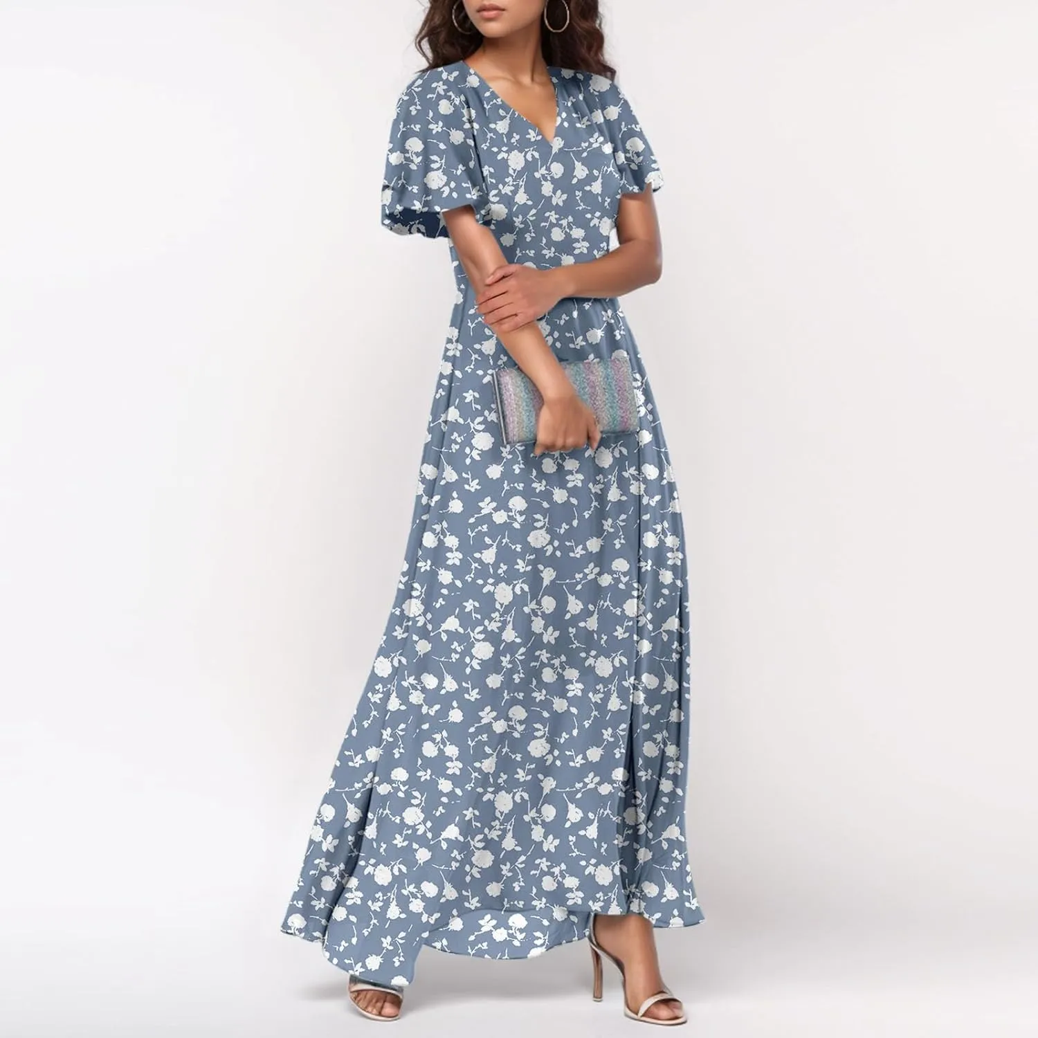 Women Summer Bohemian Floral Casual Wrap V Neck Ruffle Cap Sleeveless Belt A-Line Pleated Hem Long Sundress