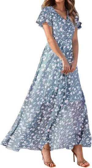 Women Summer Bohemian Floral Casual Wrap V Neck Ruffle Cap Sleeveless Belt A-Line Pleated Hem Long Sundress