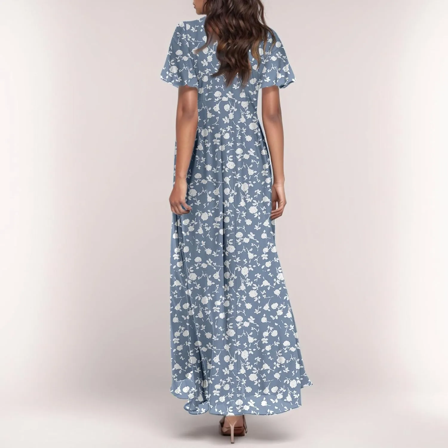 Women Summer Bohemian Floral Casual Wrap V Neck Ruffle Cap Sleeveless Belt A-Line Pleated Hem Long Sundress