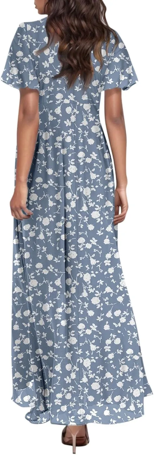 Women Summer Bohemian Floral Casual Wrap V Neck Ruffle Cap Sleeveless Belt A-Line Pleated Hem Long Sundress
