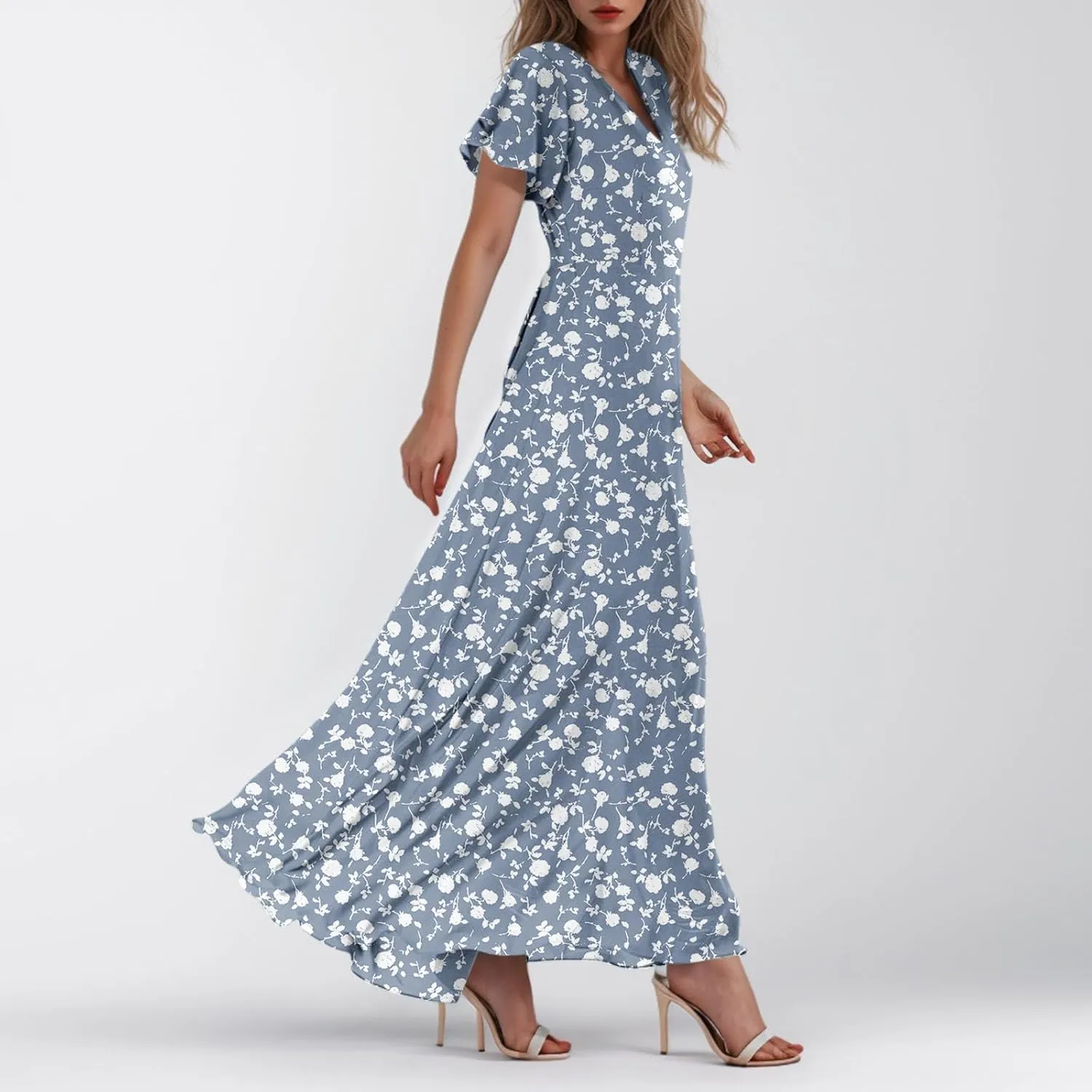 Women Summer Bohemian Floral Casual Wrap V Neck Ruffle Cap Sleeveless Belt A-Line Pleated Hem Long Sundress