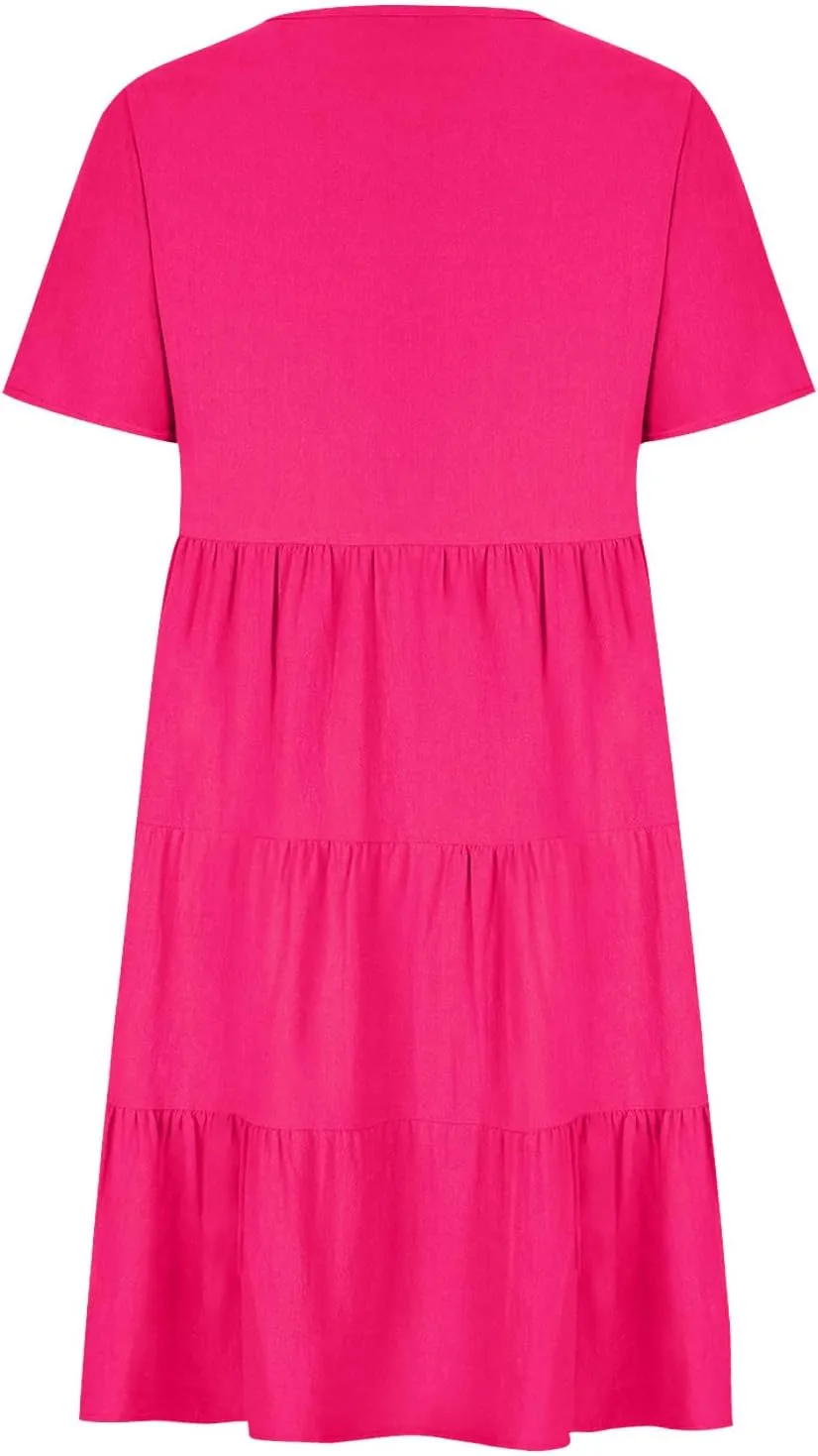 Women Summer Dress, Flowy Ruffle Hem V Neck Swing Dress Casual Short Sleeve A-Line Dress Plus Size Casual Mini Dress