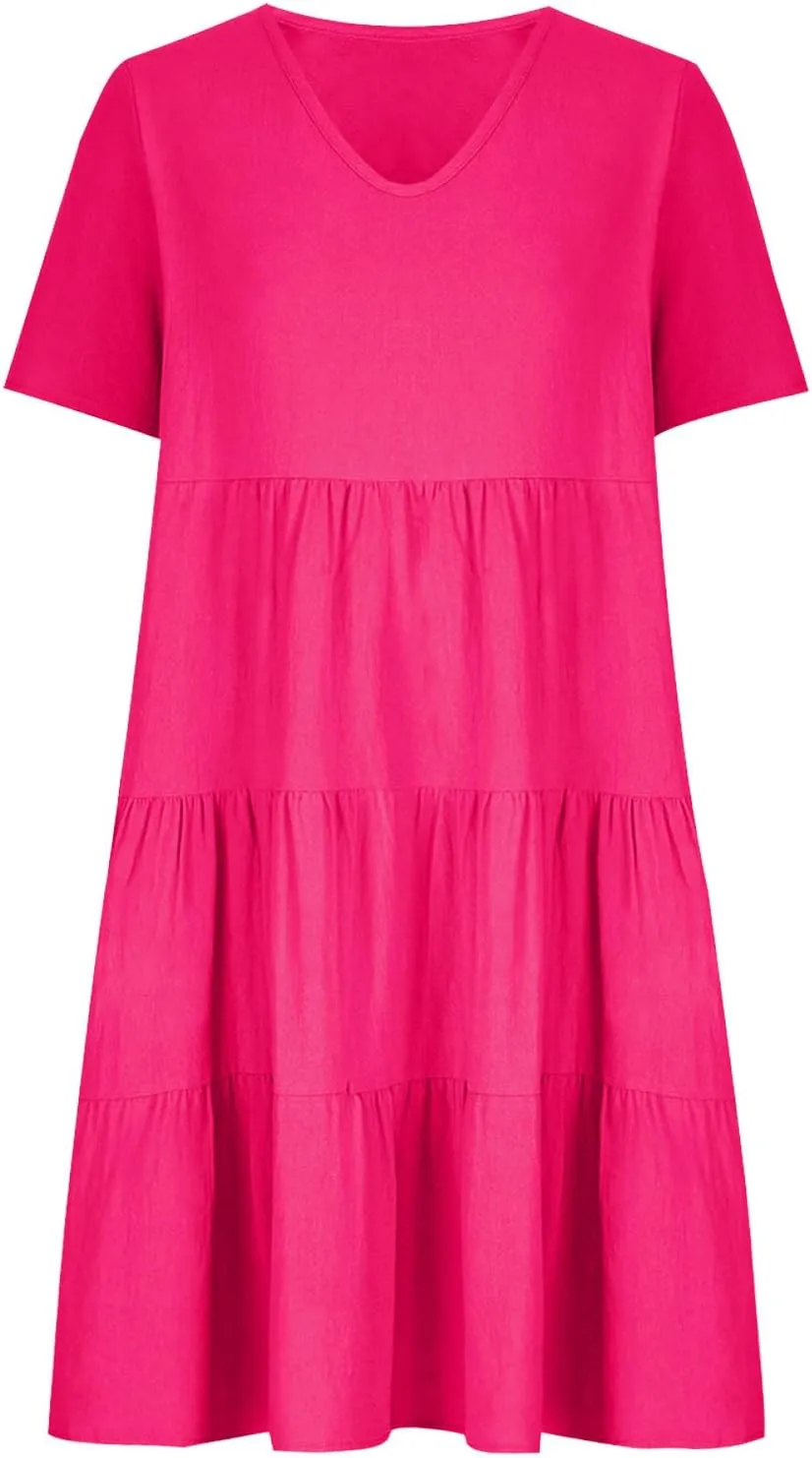Women Summer Dress, Flowy Ruffle Hem V Neck Swing Dress Casual Short Sleeve A-Line Dress Plus Size Casual Mini Dress