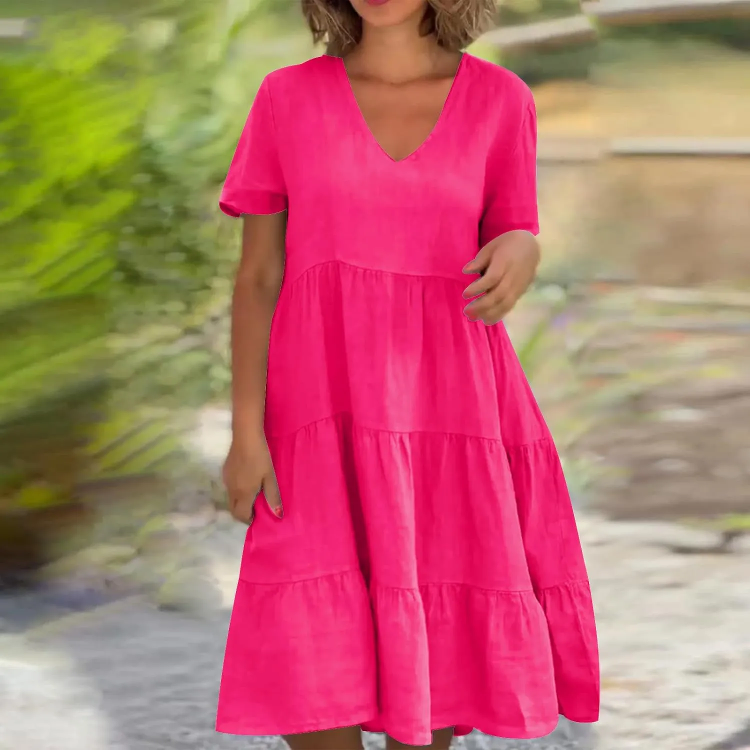 Women Summer Dress, Flowy Ruffle Hem V Neck Swing Dress Casual Short Sleeve A-Line Dress Plus Size Casual Mini Dress