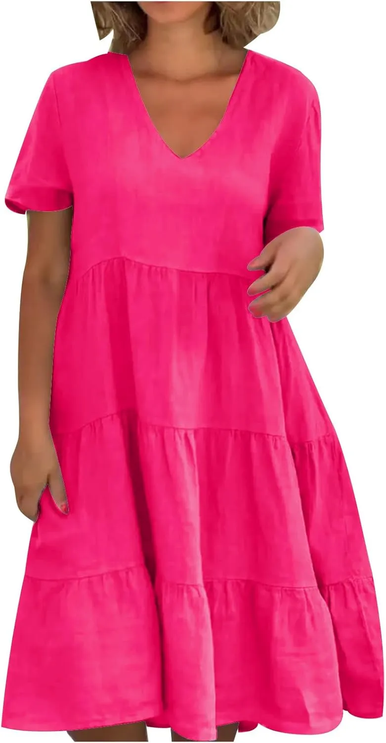 Women Summer Dress, Flowy Ruffle Hem V Neck Swing Dress Casual Short Sleeve A-Line Dress Plus Size Casual Mini Dress