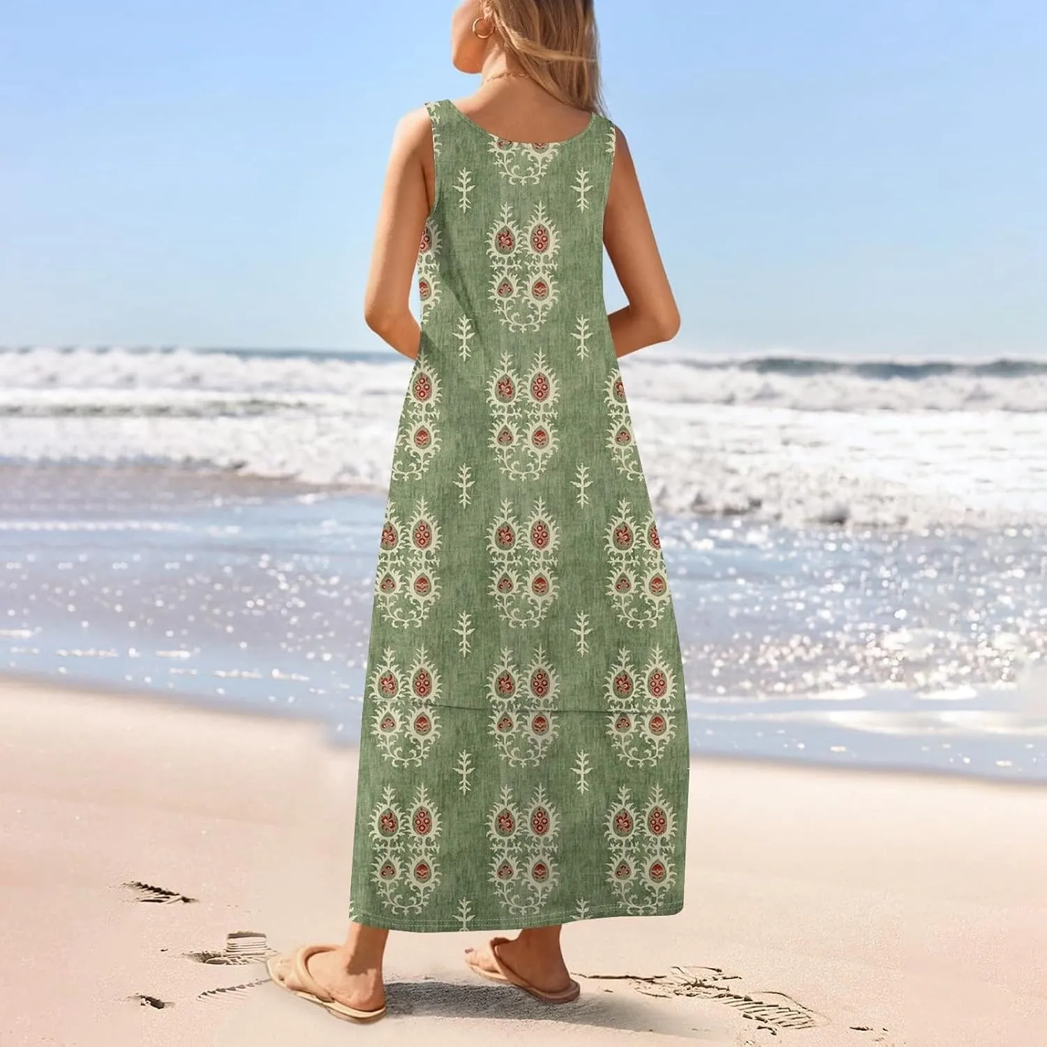 Women Summer Dresses 2025 Casual Round Neck Maxi Dress Sleeveless Floral Sundresses Beach Loose Tank Dress with Pockets