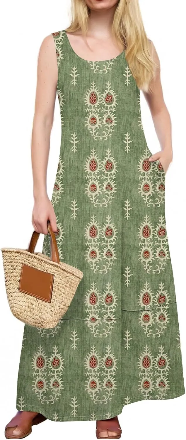 Women Summer Dresses 2025 Casual Round Neck Maxi Dress Sleeveless Floral Sundresses Beach Loose Tank Dress with Pockets