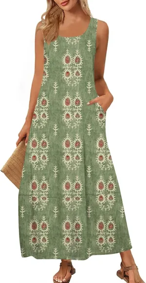 Women Summer Dresses 2025 Casual Round Neck Maxi Dress Sleeveless Floral Sundresses Beach Loose Tank Dress with Pockets
