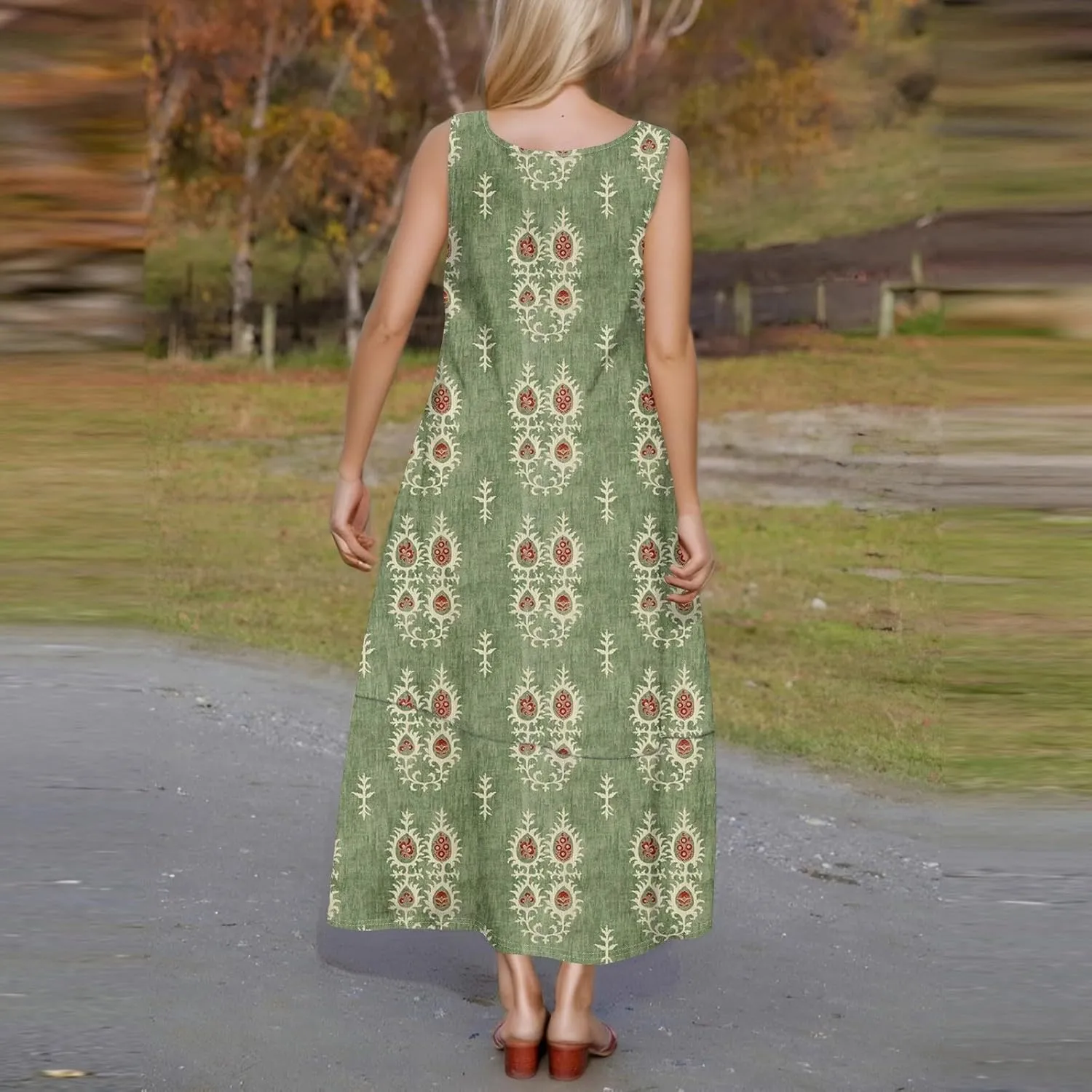 Women Summer Dresses 2025 Casual Round Neck Maxi Dress Sleeveless Floral Sundresses Beach Loose Tank Dress with Pockets