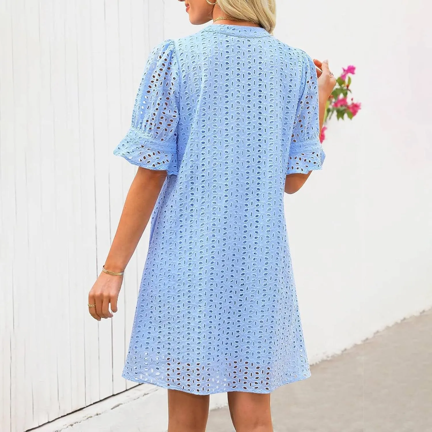 Women Summer Hollow Out Mini Dress Short Sleeve V Neck A-Line Summer Ruffle Hem Floral Eyelet Beach Party Short Sundress