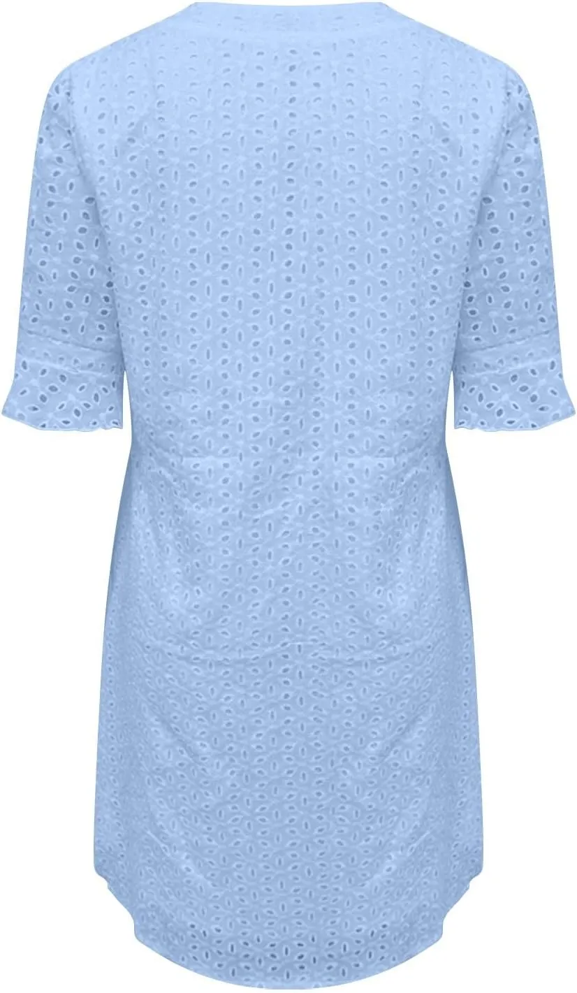 Women Summer Hollow Out Mini Dress Short Sleeve V Neck A-Line Summer Ruffle Hem Floral Eyelet Beach Party Short Sundress