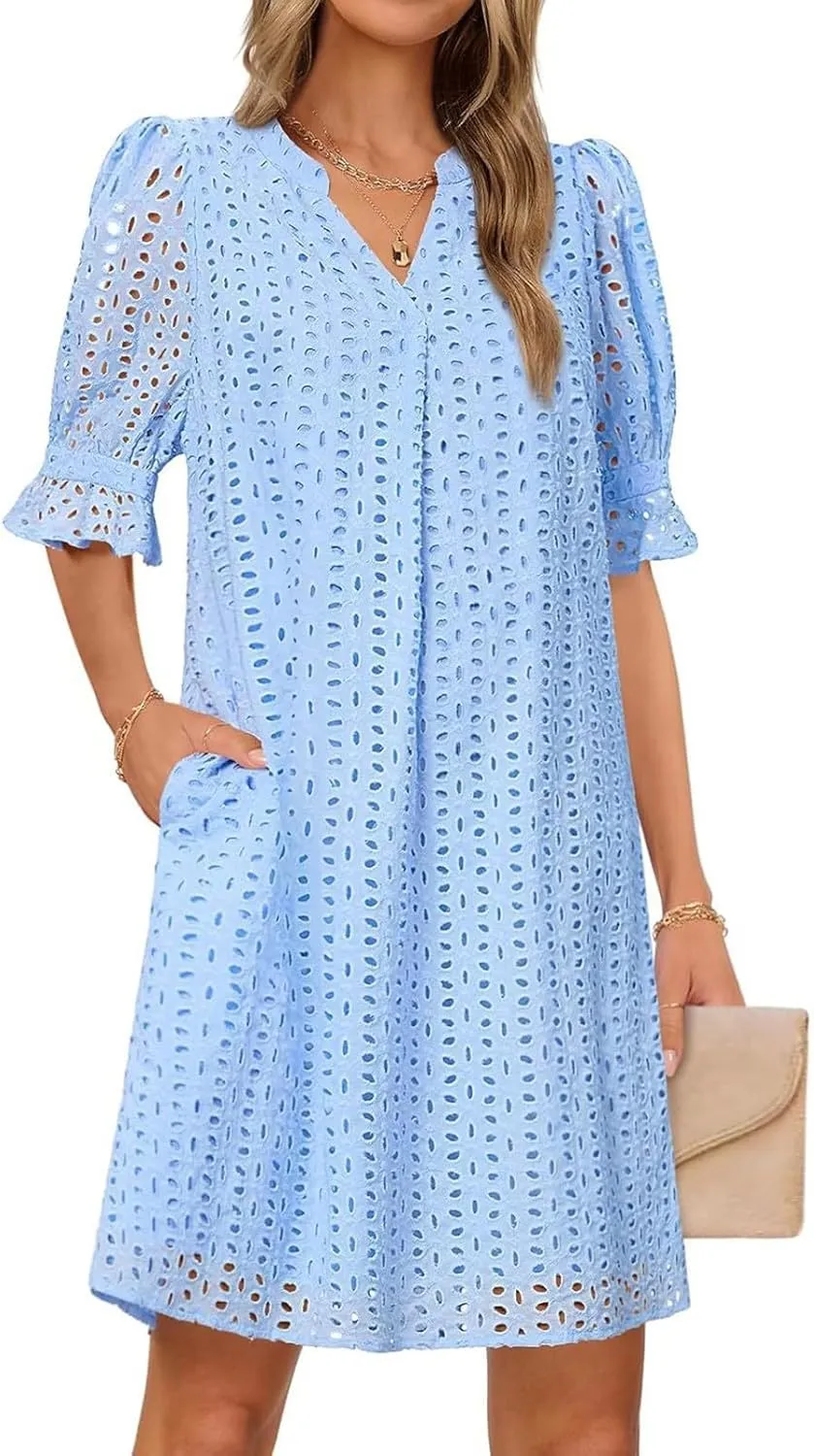 Women Summer Hollow Out Mini Dress Short Sleeve V Neck A-Line Summer Ruffle Hem Floral Eyelet Beach Party Short Sundress