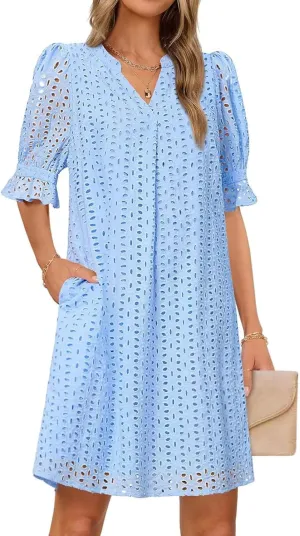 Women Summer Hollow Out Mini Dress Short Sleeve V Neck A-Line Summer Ruffle Hem Floral Eyelet Beach Party Short Sundress