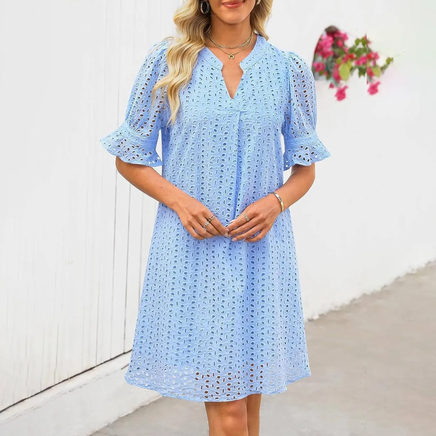 Women Summer Hollow Out Mini Dress Short Sleeve V Neck A-Line Summer Ruffle Hem Floral Eyelet Beach Party Short Sundress
