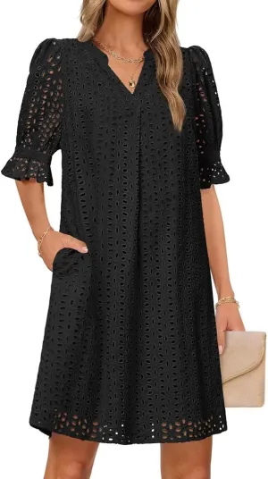 Women Summer Hollow Out Mini Dress Short Sleeve V Neck A-Line Summer Ruffle Hem Floral Eyelet Beach Party Short Sundress