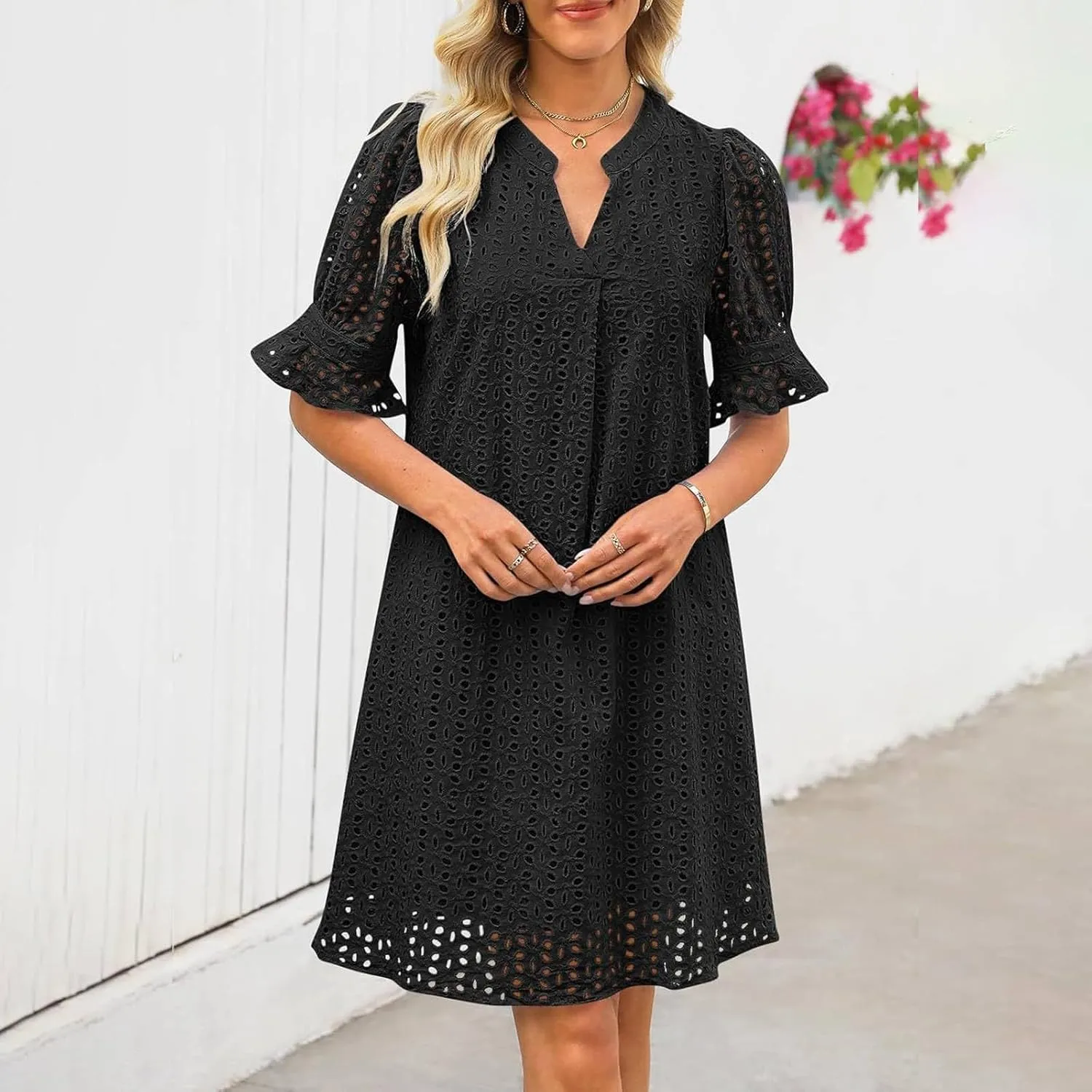Women Summer Hollow Out Mini Dress Short Sleeve V Neck A-Line Summer Ruffle Hem Floral Eyelet Beach Party Short Sundress