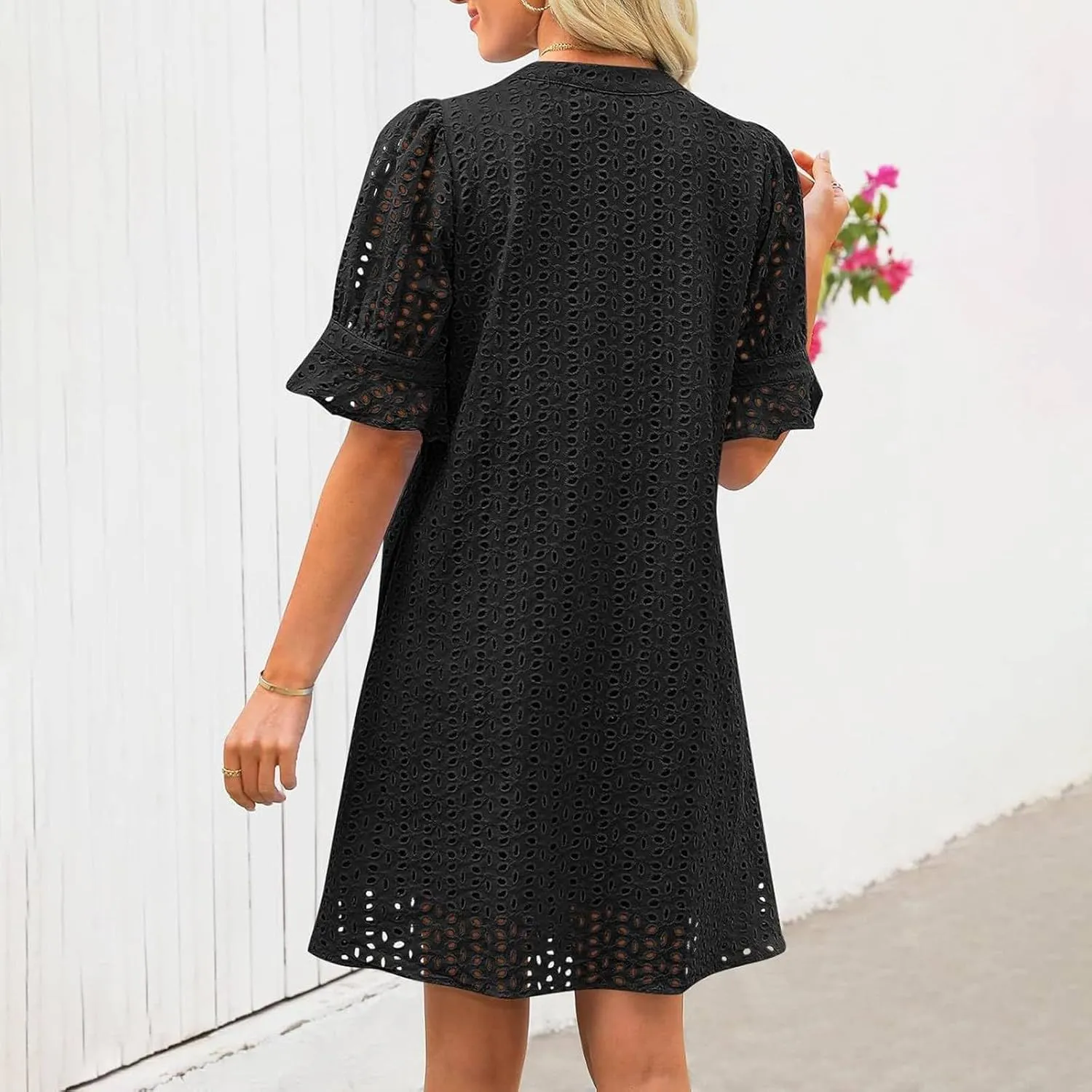 Women Summer Hollow Out Mini Dress Short Sleeve V Neck A-Line Summer Ruffle Hem Floral Eyelet Beach Party Short Sundress
