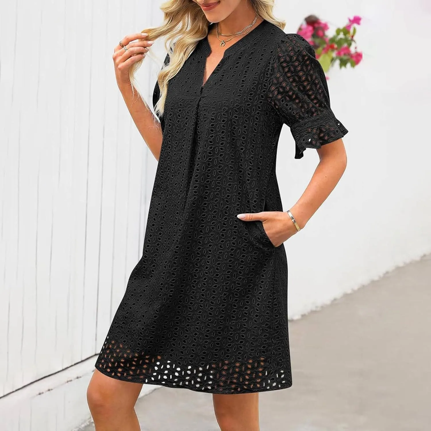 Women Summer Hollow Out Mini Dress Short Sleeve V Neck A-Line Summer Ruffle Hem Floral Eyelet Beach Party Short Sundress