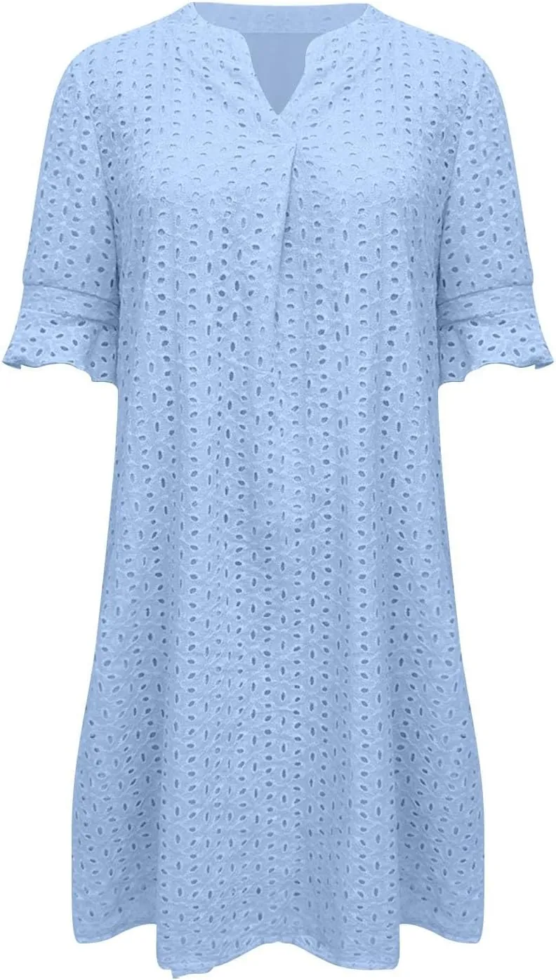 Women Summer Hollow Out Mini Dress Short Sleeve V Neck A-Line Summer Ruffle Hem Floral Eyelet Beach Party Short Sundress