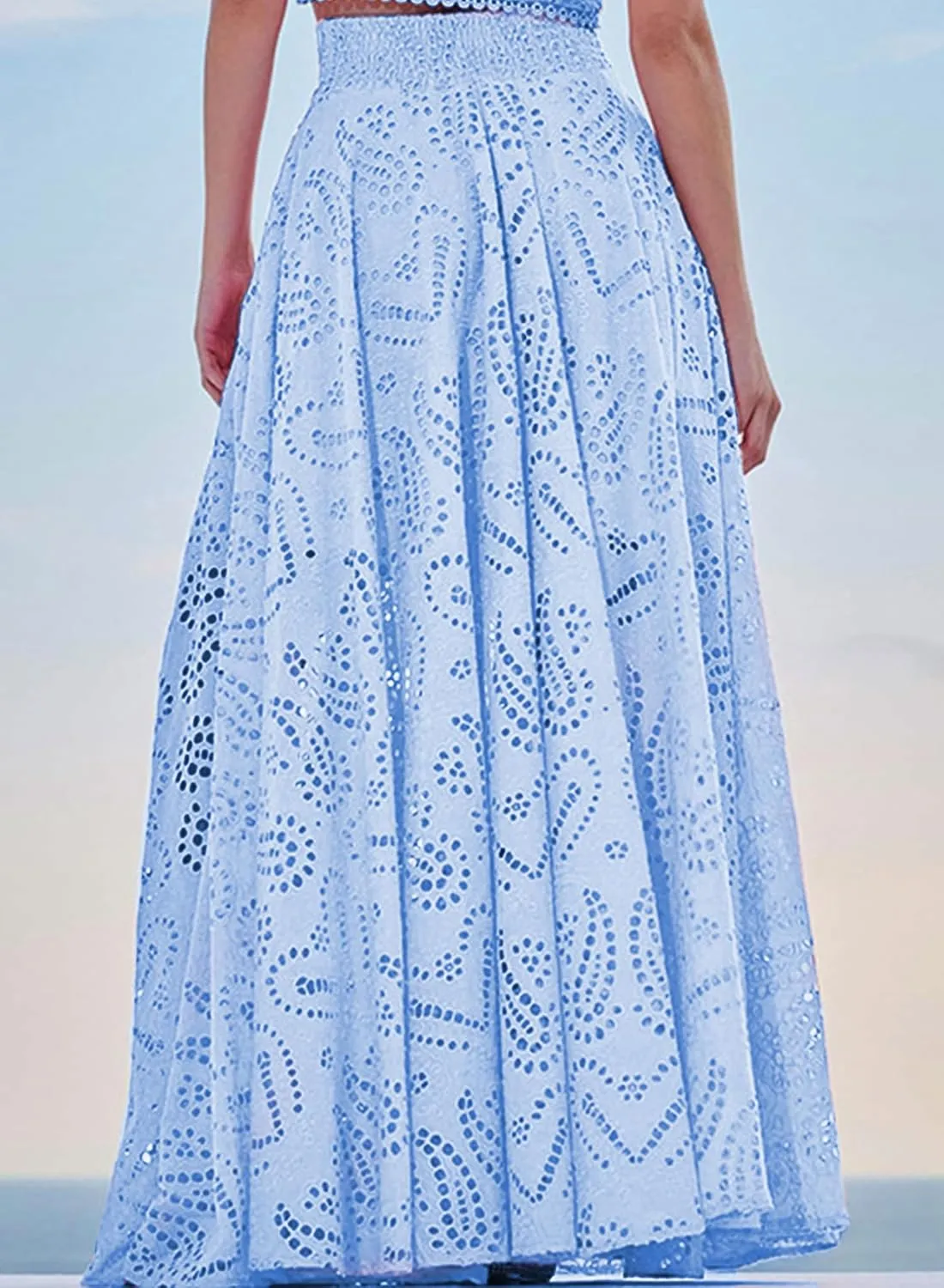 Women Summer Maxi Long Eyelet Embroidered Flowy High Waisted Party Club Sexy Skirt
