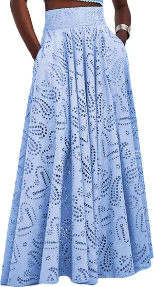 Women Summer Maxi Long Eyelet Embroidered Flowy High Waisted Party Club Sexy Skirt