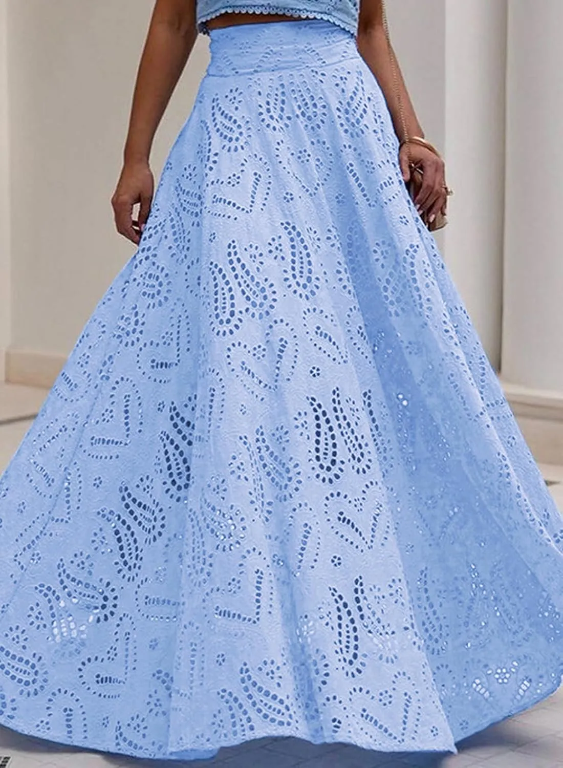 Women Summer Maxi Long Eyelet Embroidered Flowy High Waisted Party Club Sexy Skirt