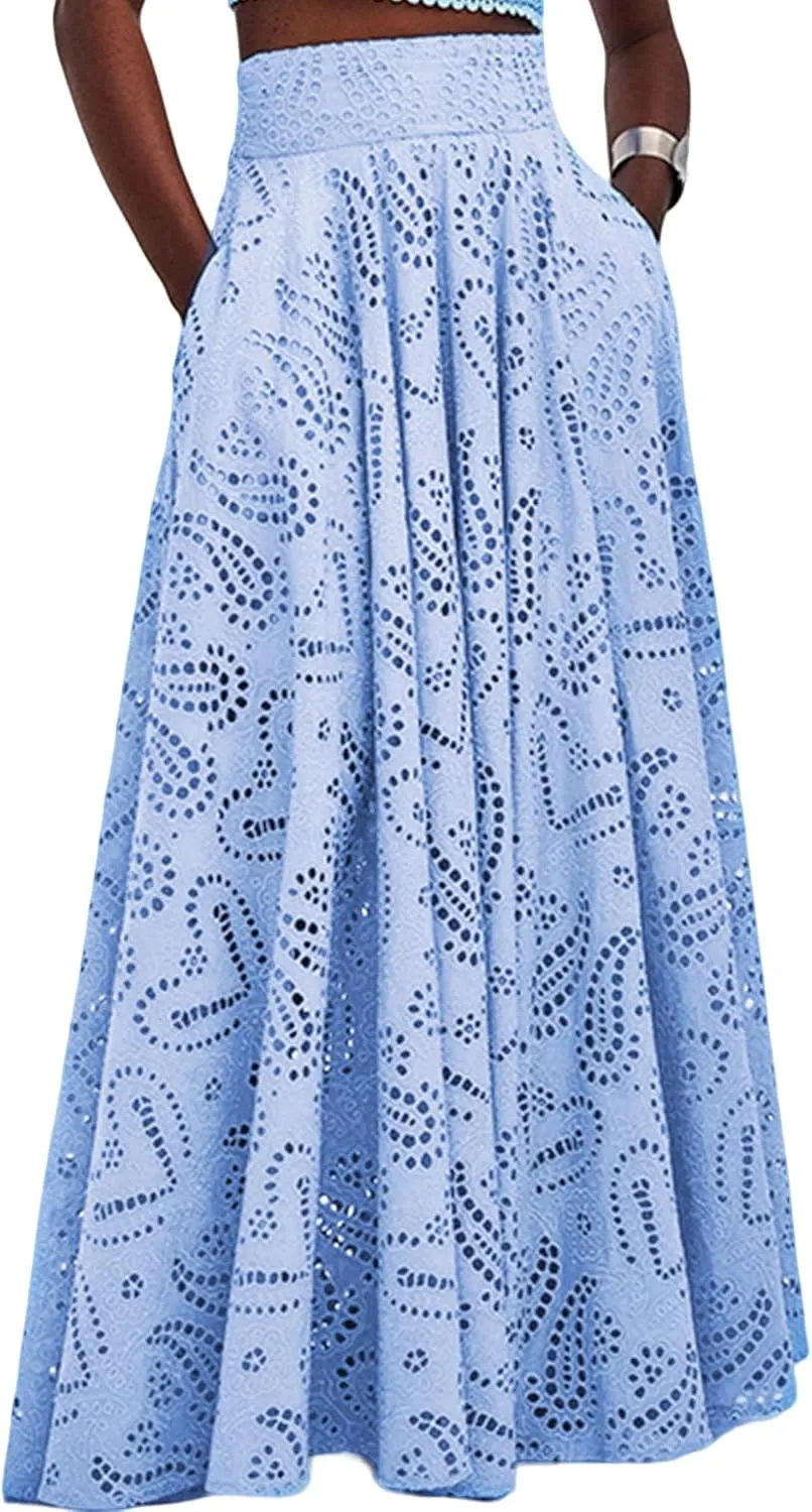 Women Summer Maxi Long Eyelet Embroidered Flowy High Waisted Party Club Sexy Skirt