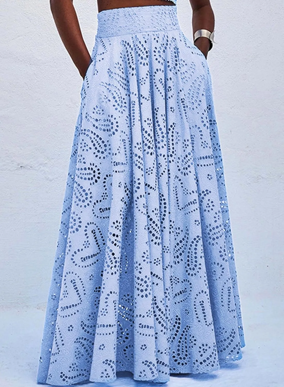 Women Summer Maxi Long Eyelet Embroidered Flowy High Waisted Party Club Sexy Skirt