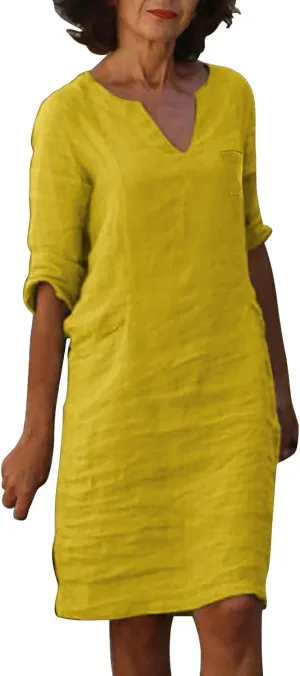 Women Summer Midi Shirt Dresses Lapel Casual Cotton Linen Dress V Neck Linen Dress Summer Half Sleeve Knee Length Shift Dress