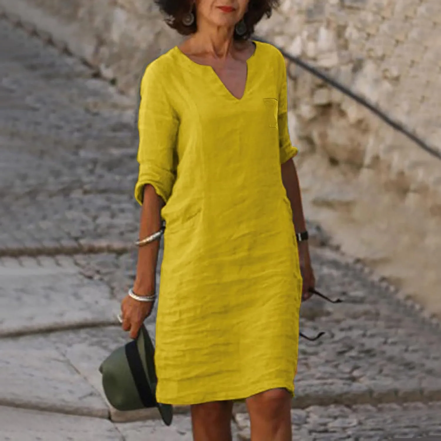 Women Summer Midi Shirt Dresses Lapel Casual Cotton Linen Dress V Neck Linen Dress Summer Half Sleeve Knee Length Shift Dress