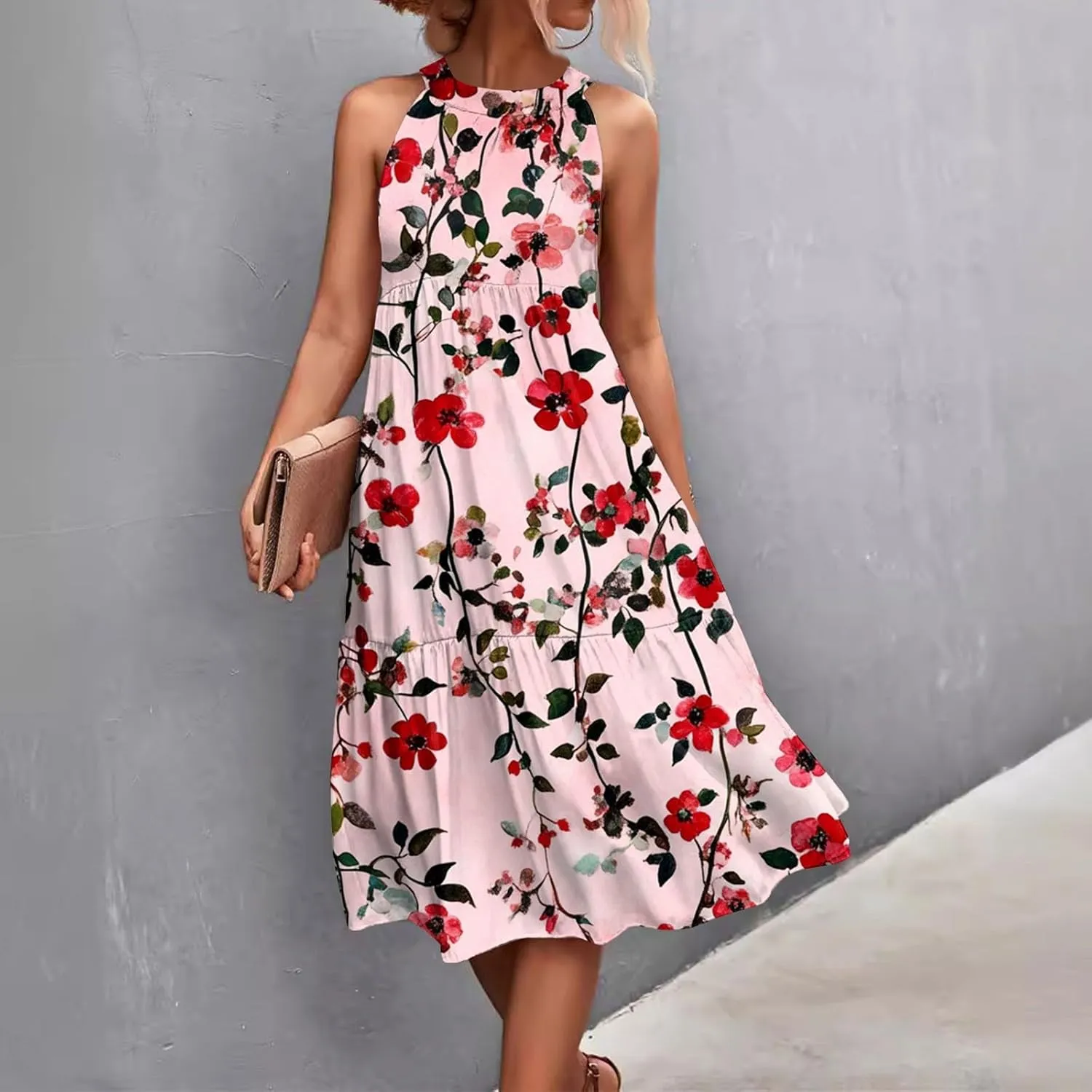Women Sundresses 2025 Hanging Neck Sleeveless Splicing Summer Tank Dress Casual Flowy High Waist Dress