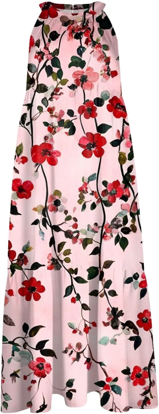 Women Sundresses 2025 Hanging Neck Sleeveless Splicing Summer Tank Dress Casual Flowy High Waist Dress