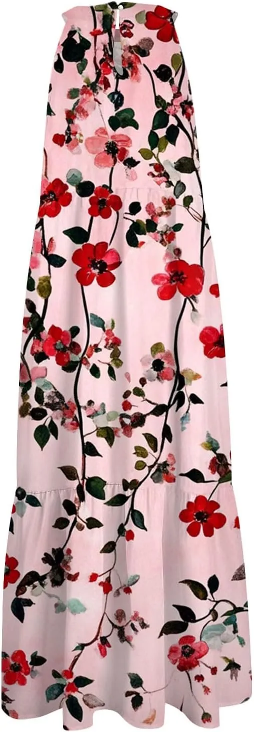 Women Sundresses 2025 Hanging Neck Sleeveless Splicing Summer Tank Dress Casual Flowy High Waist Dress