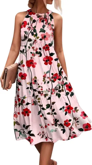 Women Sundresses 2025 Hanging Neck Sleeveless Splicing Summer Tank Dress Casual Flowy High Waist Dress