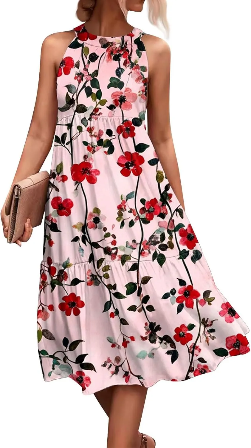 Women Sundresses 2025 Hanging Neck Sleeveless Splicing Summer Tank Dress Casual Flowy High Waist Dress