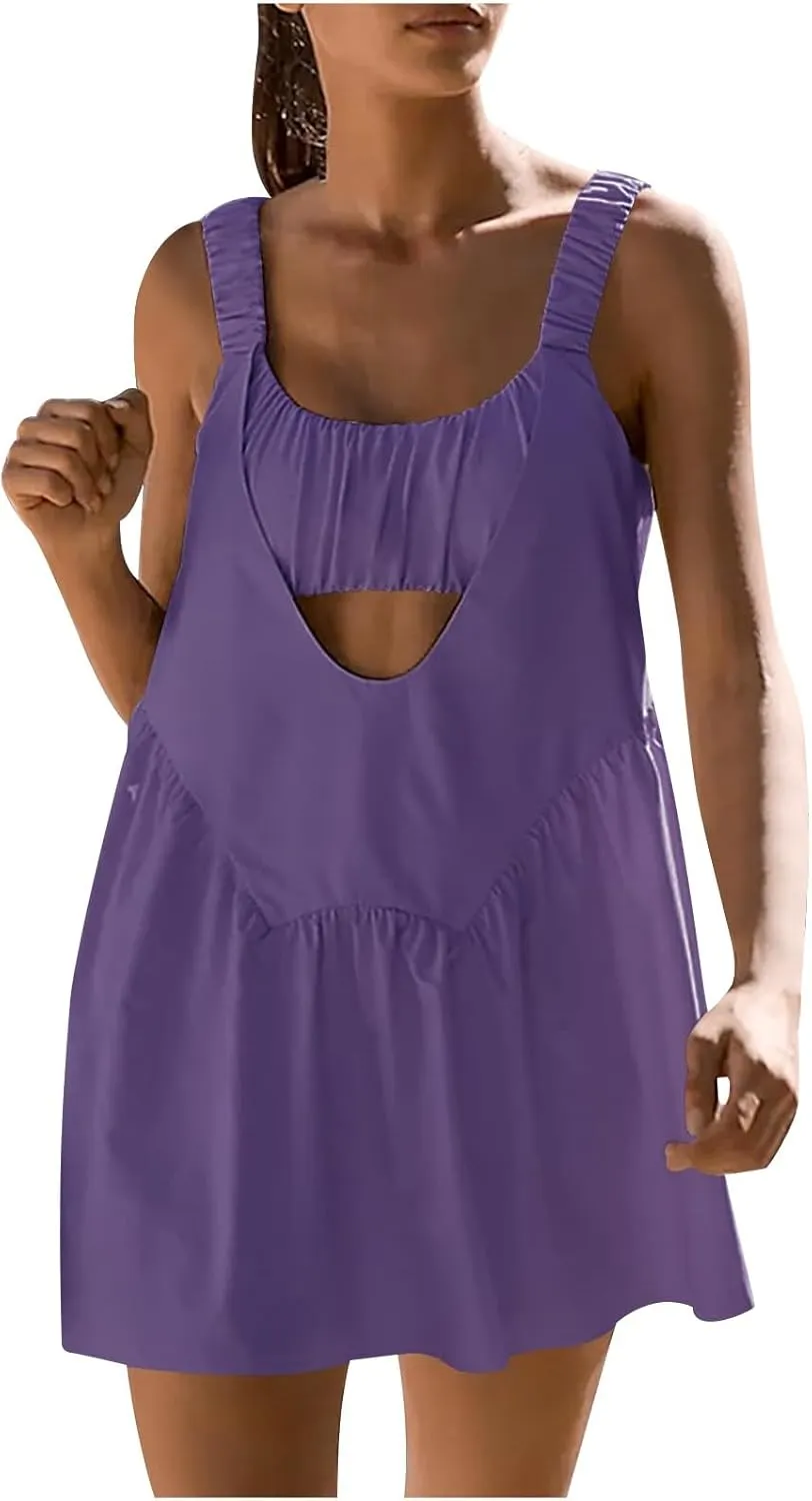 Women Tennis Dress with Built in Shorts and Bra Sleeveless Casual Backless Golf Dress Athletic Dress with Pockets