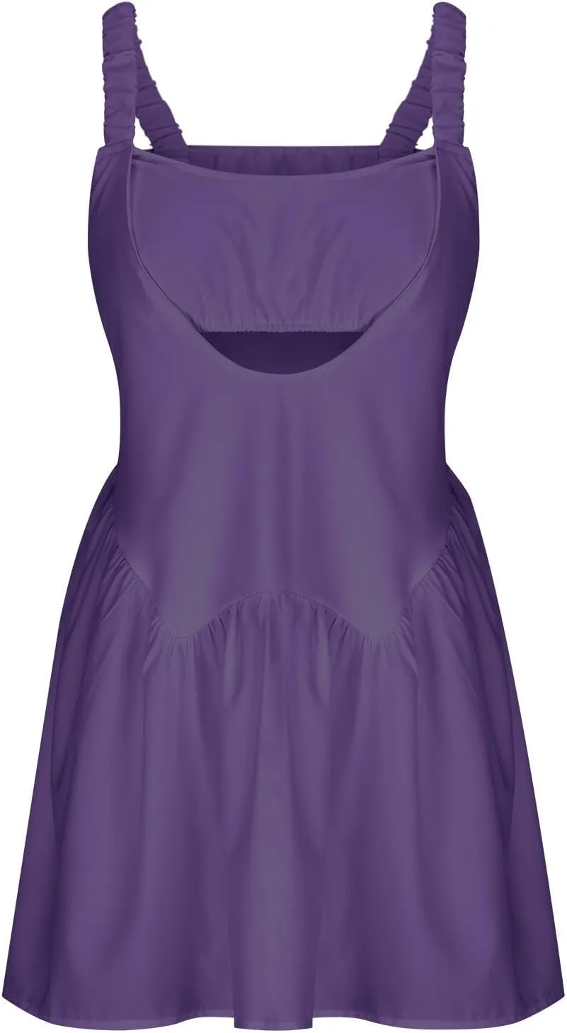 Women Tennis Dress with Built in Shorts and Bra Sleeveless Casual Backless Golf Dress Athletic Dress with Pockets
