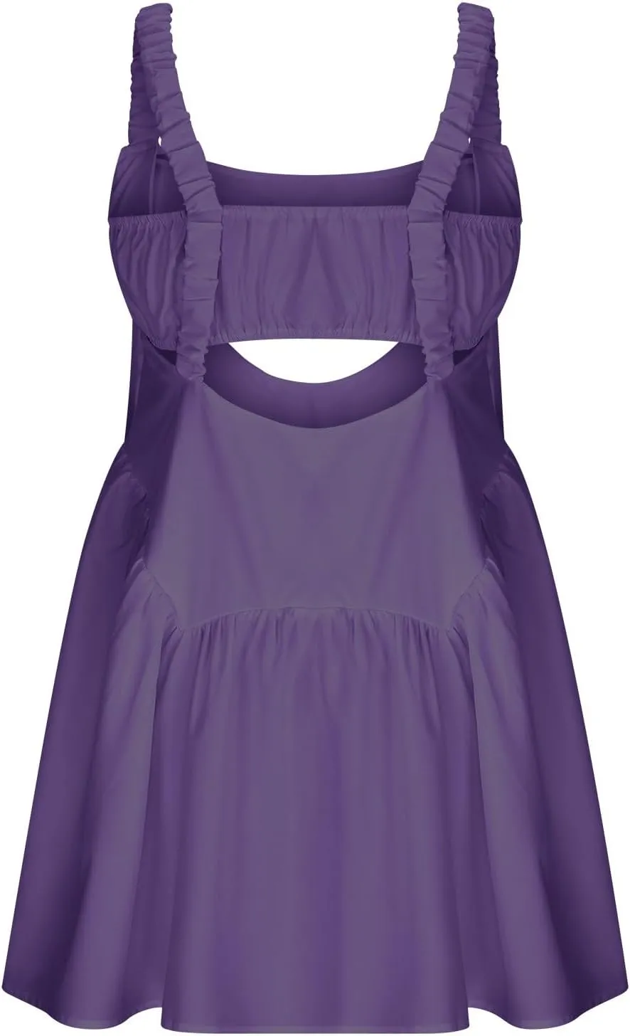 Women Tennis Dress with Built in Shorts and Bra Sleeveless Casual Backless Golf Dress Athletic Dress with Pockets