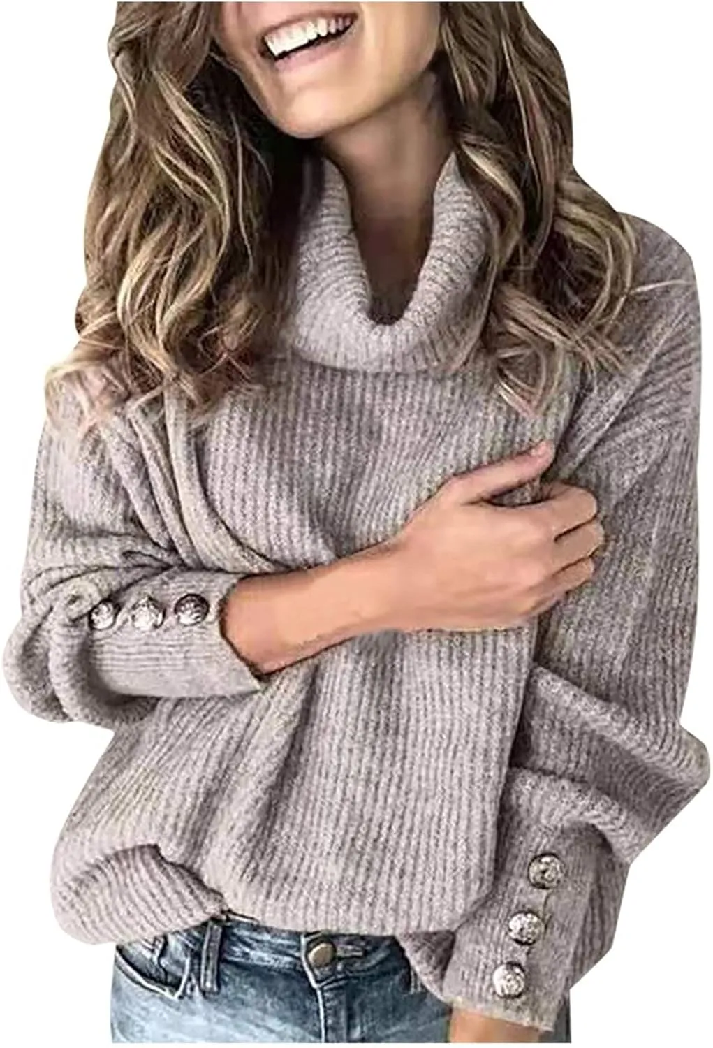 Women Turtle Neck Sweater Oversized Chunky Cable Knit Pullover Cowl Neck Lantern Sleeve Winter Loose Knit Sweaters