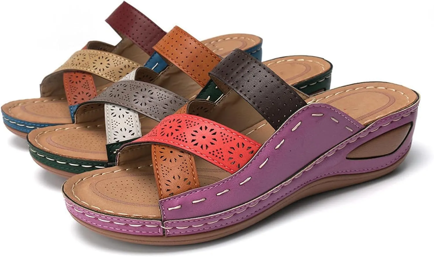 Women Wedge Sandals Comfortable Dressy Casual Open Toe Slippers Fashion Cross Strap Hollow Out Summer Walking Shoes for Summer Beach Oceanside Holiday Outdoor