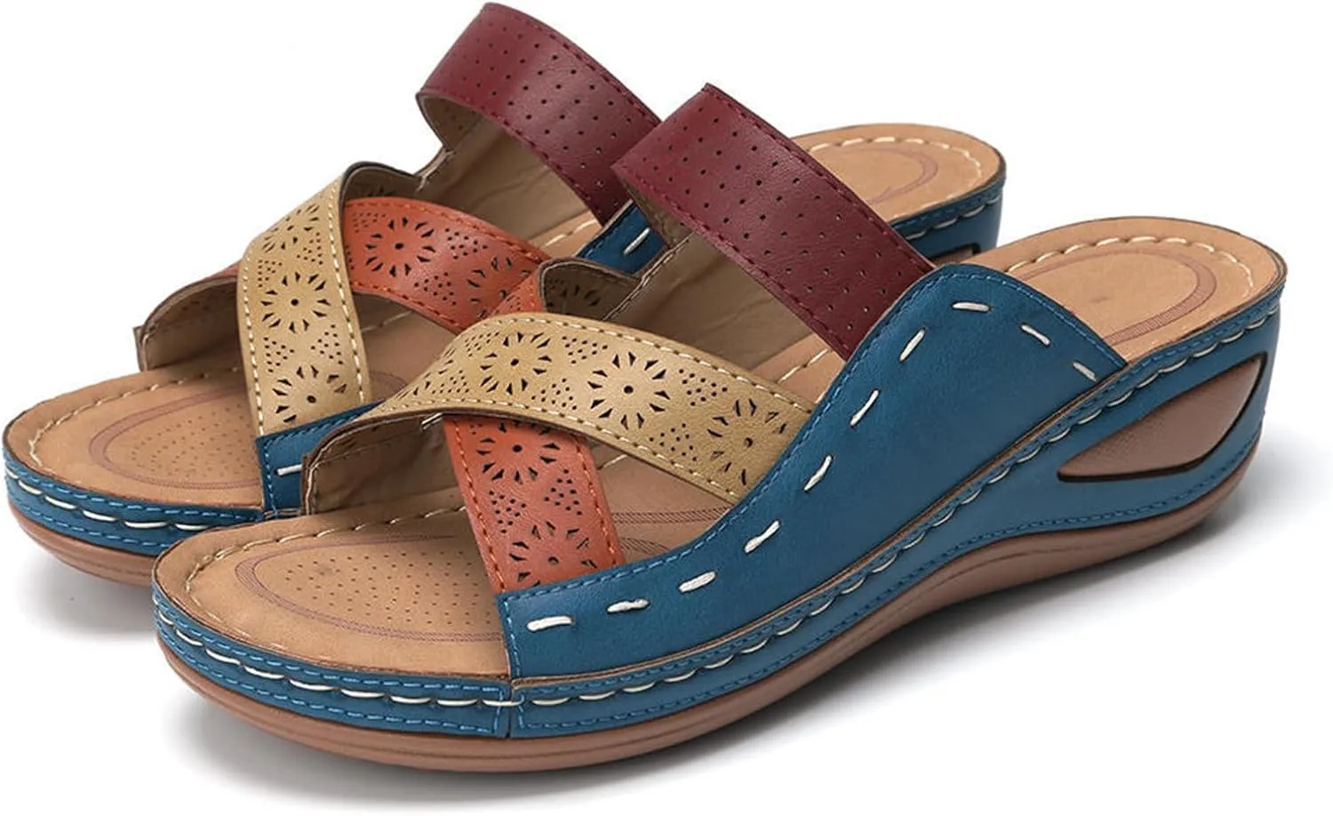 Women Wedge Sandals Comfortable Dressy Casual Open Toe Slippers Fashion Cross Strap Hollow Out Summer Walking Shoes for Summer Beach Oceanside Holiday Outdoor